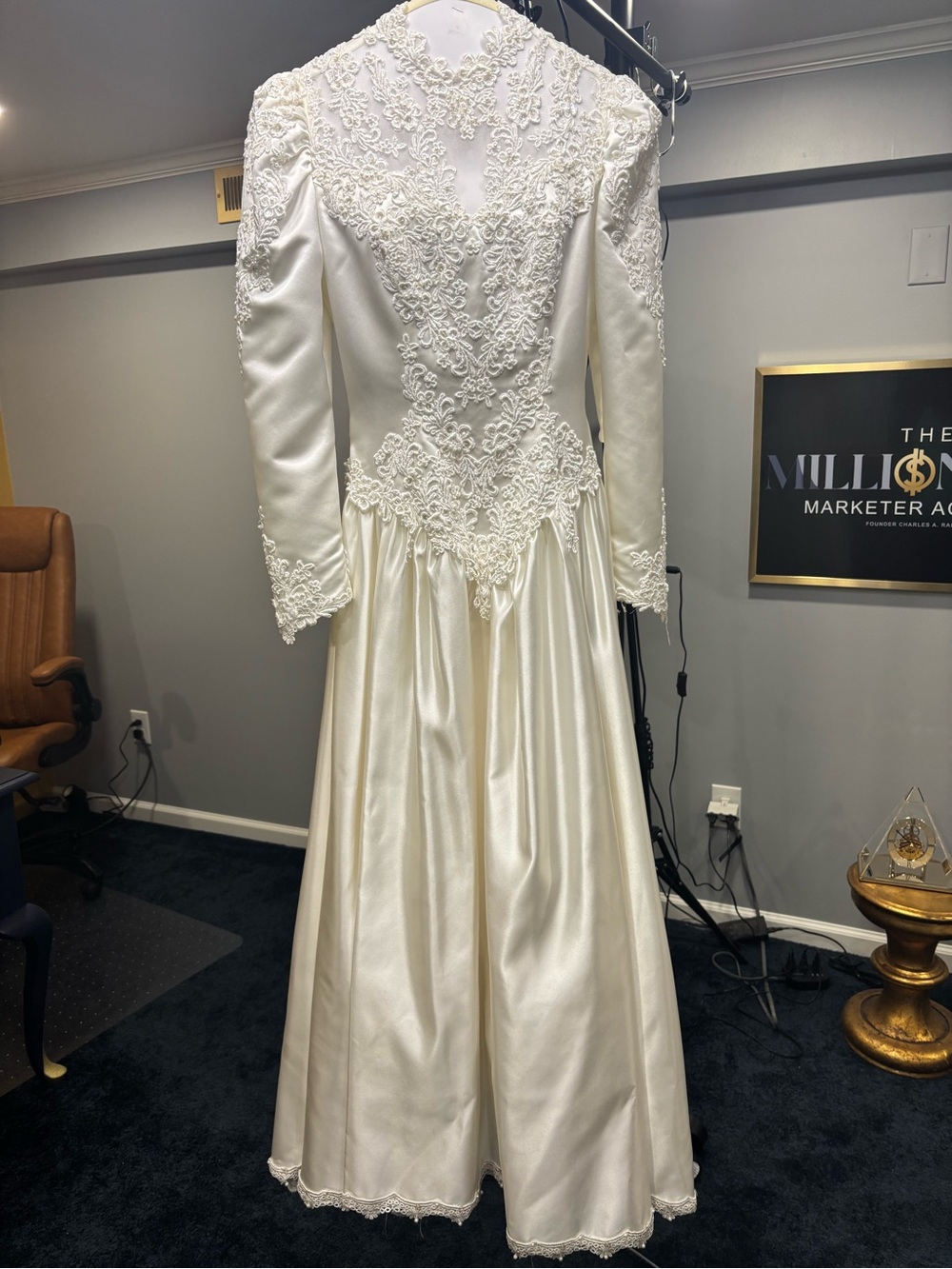 Vintage Ivory Lace Satin Long Sleeve Wedding Dress